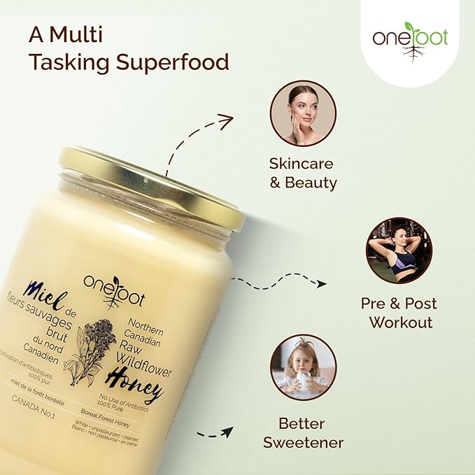 Oneroot 100% Canadian Wildflower Honey - 1kg / 2.2lbs, Unheated & Creamed - Nutrient-Rich, Natural Sweetener with Enzymes - Thick & Pure Raw Unfiltered Honey