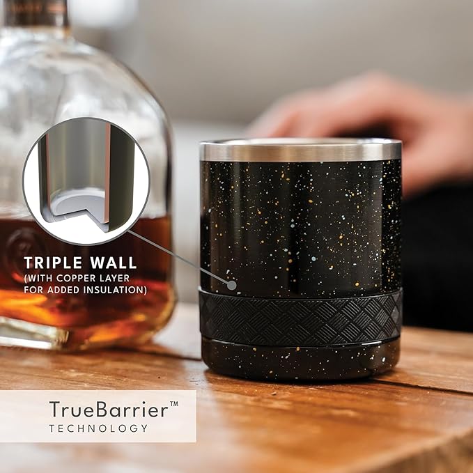 Elemental Recess Lowball Tumbler, 10oz Triple Wall Stainless Steel Cup with Non-Shattered Tritan Lid, Insulated Whiskey Glass, Insulated Coffee Tumbler Mug for Hot & Cold Drinks - Black Speckle