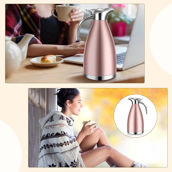 Uiifan 2 Pcs 68 oz Thermal Coffee Carafe Insulated Stainless Steel Coffee Carafe for Hot Liquids Vacuum Thermal Pot Creamer Dispenser with Brushes Keeping Hot Tea Milk Water(Rose Gold)
