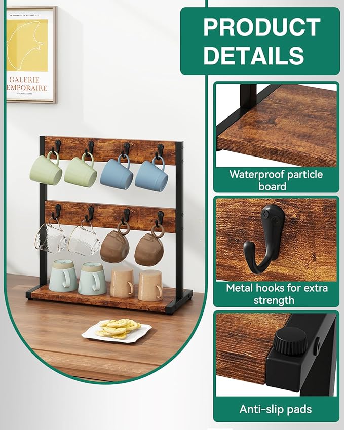 IBUYKE Wood Coffee Mug Holder for Countertop,16 Hook Mug Tree Holder Rack with Storage Base,Mug Display Organizer,Mug Holders for Home Kitchen, Rustic Brown UTBJ001H