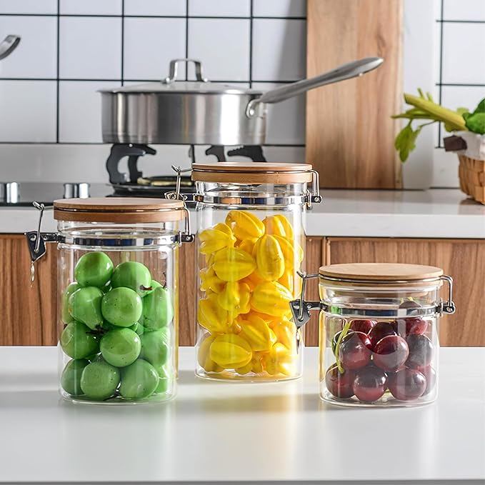 36 oz/1050ml Clear Glass Storage Canister with Airtight Bamboo Lid, Medium Decorative Container Jar for Coffee Spice Candy Salt Tea Cookie Condiment Pepper Sugar Overnight Oatmeal Snacks
