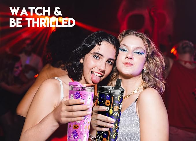 Meoky 24 oz Halloween Travel Coffee Mug with Leak-proof Lid, Glow in the Dark Stainless Steel Insulated Coffee Tumbler, Keeps Hot for 8 Hours, Fits in Car Cup Holder(Haunted Pumpkin)