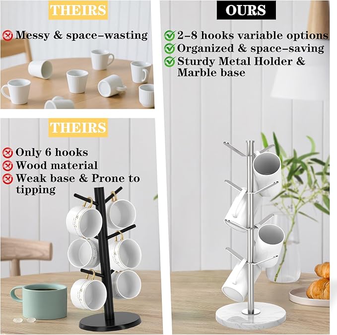 Marble Mug Holder Tree with 8 Hooks, Stainless Steel Coffee Cup Holder, Non-Slip Silicone Pads, Heavy Duty Marble Base, Countertop Organizer for Kitchen & Cafe, Silver