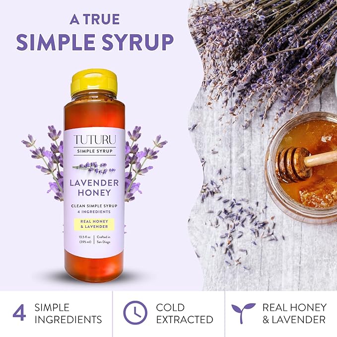 Lavender Honey Simple Syrup for Coffee, Cocktails, Tea, Matcha - Clean Simple Syrup with Real Lavender & Honey - 13.5 oz
