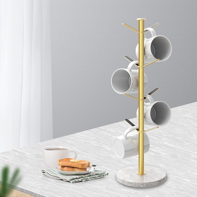 Gold Mug Holder Tree with Marble Base, 8 Hooks Coffee Cups Holder Stand, New Upgrad Stable Removable Mug Rack for Kitchen Cafe