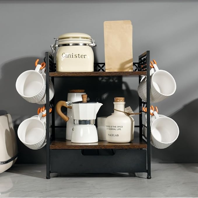 Coffee Bar Organizer Countertop, 2 Tier Mug Cup Holder Stand with 12 Hooks, 30 K Cup Coffee Pod Drawer with Mug Rack, Multifunctional Shelf Organizer for Accessories Station Kitchen (Brown)