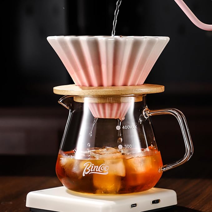 Bincoo 400ML Pour Over Coffee Maker Set with Filter Paper,Ceramic Coffee Dripper Set for 1-2 Cups (Pink)