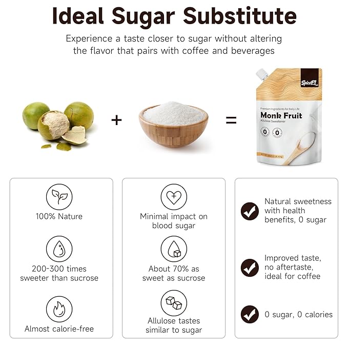 SPICEEL Monk Fruit Sweetener with Allulose - Zero Calorie White Sugar Substitute, No Erythritol, Keto Friendly, from Monk Fruit Extract for Baking, Coffee&Tea, Gluten Free, Vegan, Sugar Replacement(1lb pack of 1)