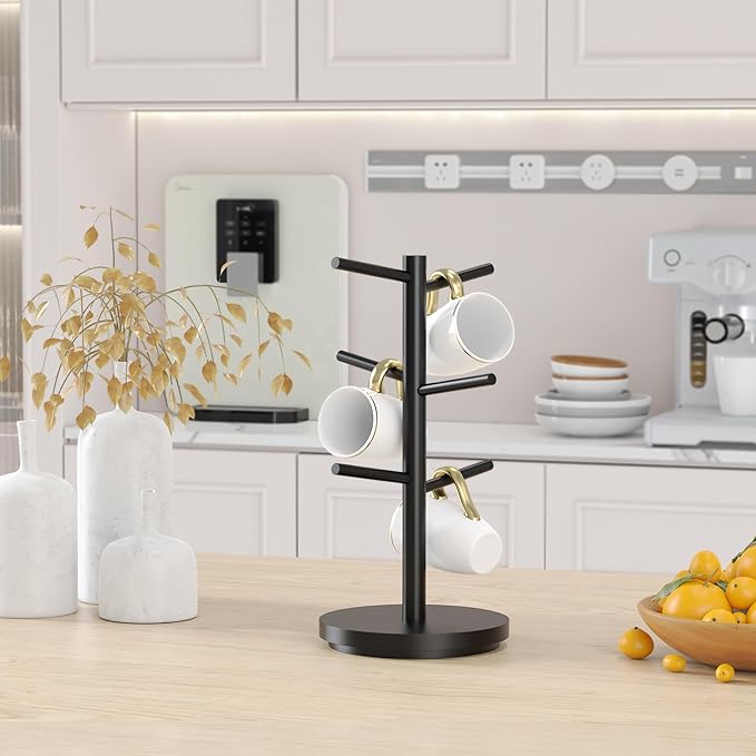 Wisuce Coffee Mug Holder Tree Upgraded 360Rotated Cup Holder for Counter Black Wood Cup Tree Mug Rack Organizer Stand with 6 Hooks for Kitchen Coffee Bar Accessories