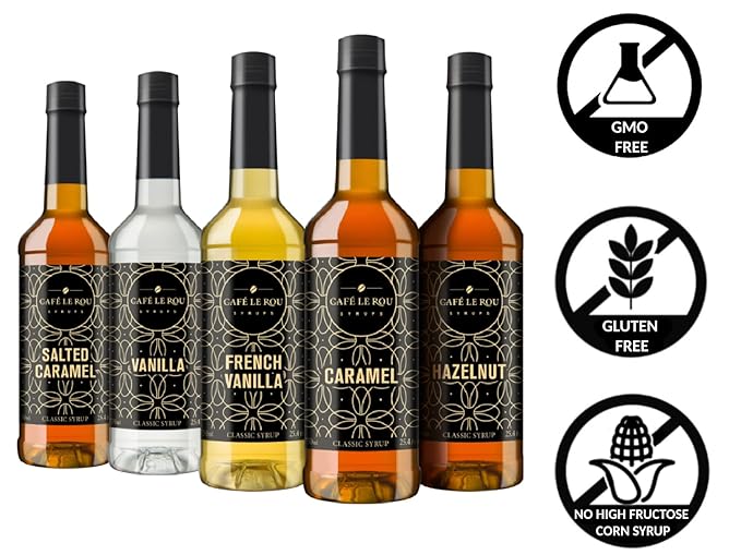 Café Le Rou Coffee Syrup Variety 5-Pack- 25.4 oz Vanilla, French Vanilla, Caramel, Salted Caramel, Hazelnut Coffee Flavoring Syrup for Coffee, Tea and Espresso
