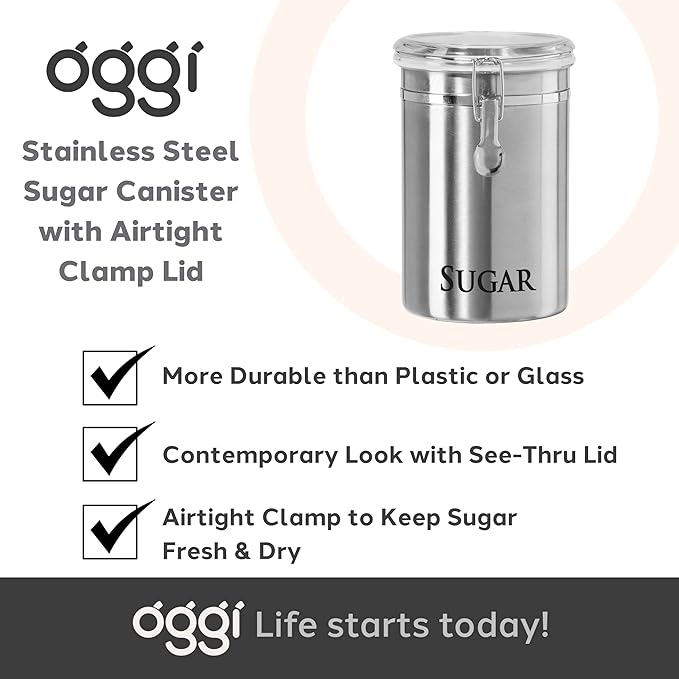 Oggi Stainless Steel Sugar Canister 62 fl oz - Airtight Clamp Lid, Clear See-Thru Top - Ideal Sugar Container for Countertop, Sugar Jar, Bulk Sugar Storage. Large Size 5" x 7.5".