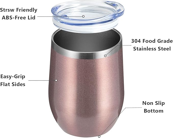 MEWAY 12oz/12 Pack Wine Tumbler Glasses with Lid -Double Wall Vacuum Stainless Steel Travel Tumbler Mug,Stemless Insulated Wine Cup for,Coffee,Cocktails,Gifts (Rose gold,Set of 12)