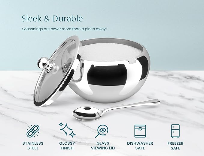 KooK Sugar Bowl with Lid and Spoon, Container with Lid, for Salt, Coffee, Holds 2 Cups, Dishwasher Safe, Stainless Steel, 16 Oz