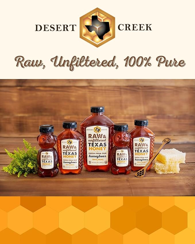 Desert Creek Honey - 100% Unfiltered, Pure, Raw Honey from Texas - Natural Sugar Substitute - One Gallon of Bulk Unprocessed, Unpasteurized American Honey - Harvested by Our Own Beekeepers