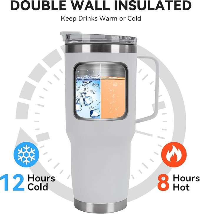 30oz Tumbler with Handle, Insulated Leak Proof Coffee Travel Mug with Straw Lid Double Wall Stainless Steel Vacuum Tumblers Metal Cup Keep Hot and Iced Drink for Gym, Office, Camping, White 1 Pack