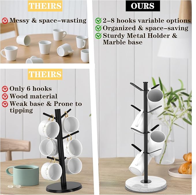 Marble Mug Holder Tree, 8 Hooks Coffee Cups Stand, New Upgraded Stable Mug Stand for Kitchen Counter Cabinet Cafe Black