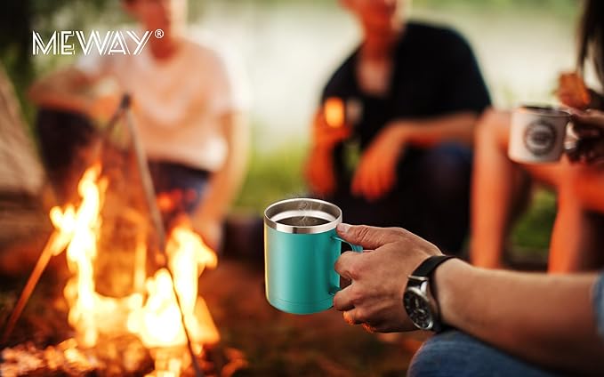 MEWAY 12oz Coffee Mug With Handle 4 Pack Bulk,Stainless Steel Insulated Travel Tumblers With Sliding Lid,Double Wall Vacuum Camping Cup for Hot & Cold Drinks Tea (Light Green,Set of 4)