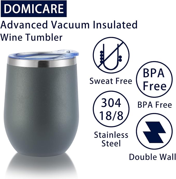 DOMICARE Stainless Steel Wine Tumbler Bulk with Lid, Personalized Insulated Tumblers Set, 12oz Travel Coffee Cups Pack of 8, Gray