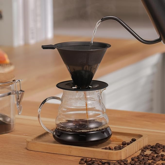 Pour Over Coffee Maker INSINTAR Stainless Steel Pour Over Drip Coffee Filter Paperless Coffee Strainer Reusable Single Cup Coffee Maker 1-4 Cup (Titanium Black)