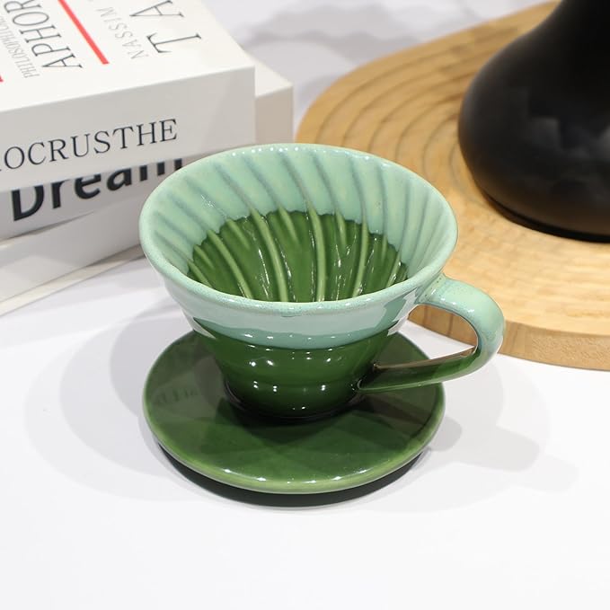Ceramic Pour Over Coffee Dripper with 50 pcs V60 coffee filters - Portable Drip Coffee Brewer for Travel, Camping, Office or Home - Artisanal Pottery Gift for Enthusiasts
