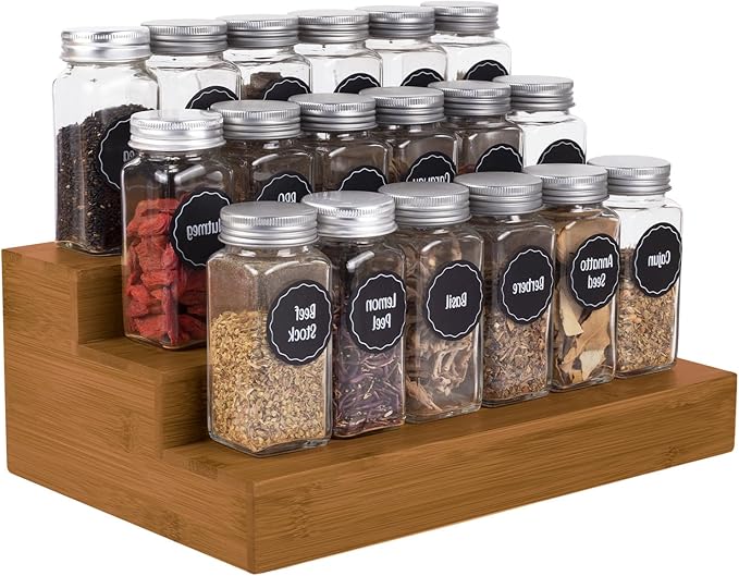 Bamboo Spice Rack Organizer for Cabinet 3 Tier Countertop Step Spice Shelf for Kitchen Storage and Organizer (Brown - 2 Pack)