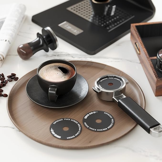 MHW-3BOMBER 58mm Espresso Puck Screen - 0.2mm Ultra Thin Espresso Puck - Metal Reusable Coffee Filter for Portafilter Basket 58mm - Puck Screen with Stand FG7053B-OS