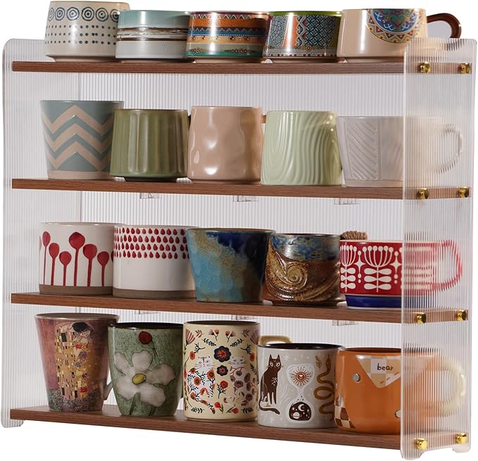 Coffee Mug Holder Wooden Cup Station Organizer 4-Tier Cup Holder for Coffee Bar Mug Display Rack for Countertop Mug Holder Shelf for Home Kitchen Nut Brown