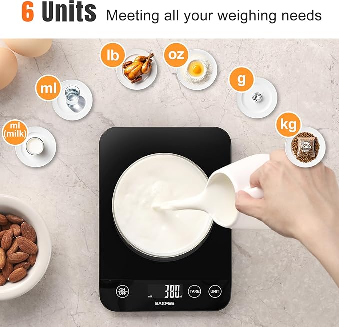 33LB Digital Kitchen Scale, Food Scale Rechargeable with Tempered Glass, Grams and Ounces, USB Charging, 1g High Accuracy for Baking, Cooking, Food BK807 Grey
