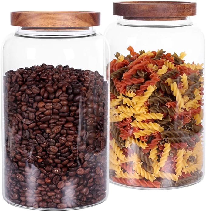 Large Glass Jar with Airtight Lid Set of 2 93 FL OZ(2750ml) glass canister set, Glass Food Containers Wooden Lid Suit for Kitchen Pantry for Flour, Tea, Coffee Beans, Sugar, Cookies(8.8 inch high)