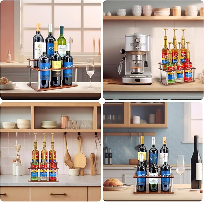 Coffee Syrup Organizer Rack,2-Tier Coffee Syrup Stand Holder for Coffee Station Countertop,6 Bottles Storage Display Shelves for Wine, Dressing Cocktail in Coffee Bar