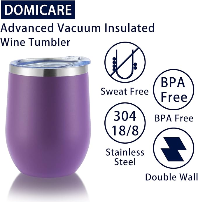 DOMICARE Stainless Steel Wine Tumbler Bulk with Lid, Personalized Insulated Tumblers Set, 12oz Travel Coffee Cups Pack of 1, Purple