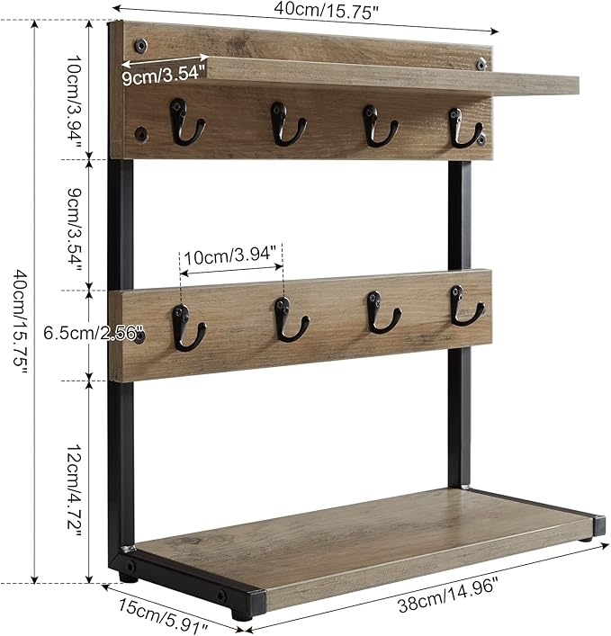 IBUYKE Rustic Coffee Mug Holder Stand, 2 Tier Countertop Mug Tree Holder Rack with Storage Base, Vintage Mug Holders for Kitchen, Holds 8 Mugs, Beige UTBJ002Y