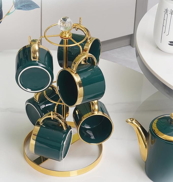 Coffee Mug Tree Holder for Counter,Double Tier Mug TeaCup Metal Holders Countertop,Golden Coffee Mug Tea Cup Stand Rack for Counter Top 6 Hooks(Gold,Crystal Ball)