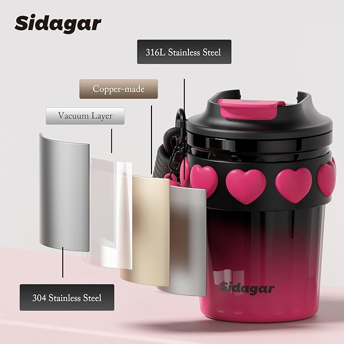 12 OZ Travel Coffee Mug with Lid Spill Proof Leak Proof, Stainless Steel Thermal Coffee Tumbler for Hot and Cold, Resuable Insulated Coffee Cup For Women, Black and Pink