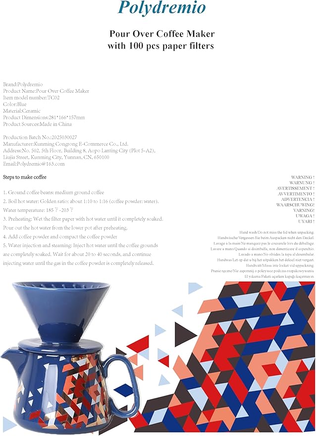 Pour Over Coffee Maker, Ceramic Coffee dripper with 100 pcs Size 02 Paper Filter, Ceramic coffee Server with Lid, 15.5oz/450 ml, Suitable for 1-2 people (Blue)