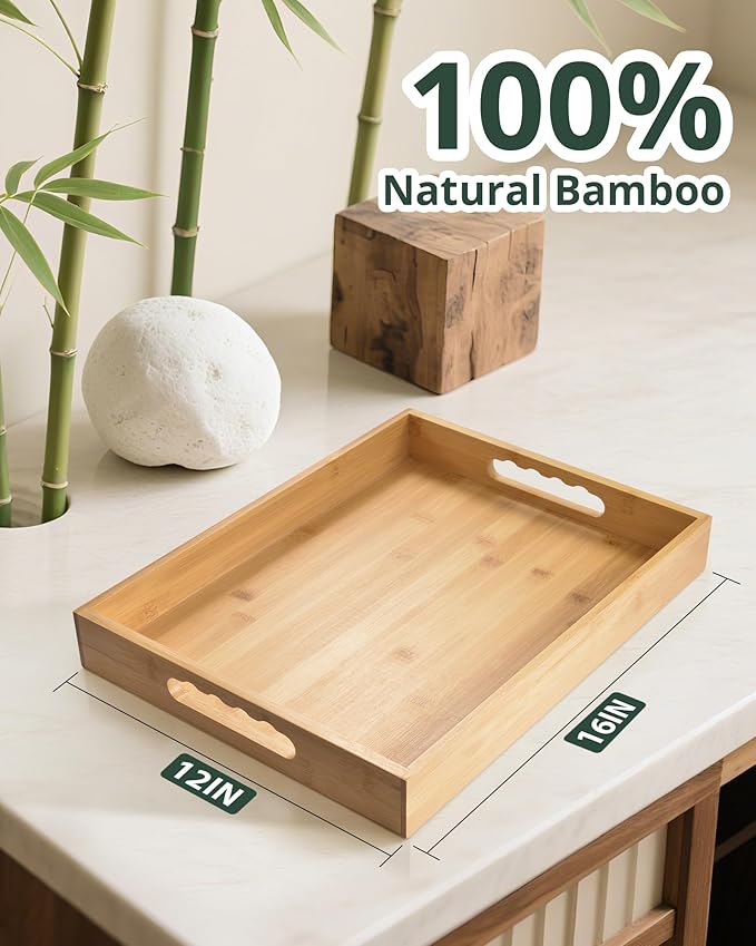 Bamboo Serving Tray with Handle, Decorative Ottoman Tray for Living Room, Coffee Table, Breakfast in Bed, Candle Display
