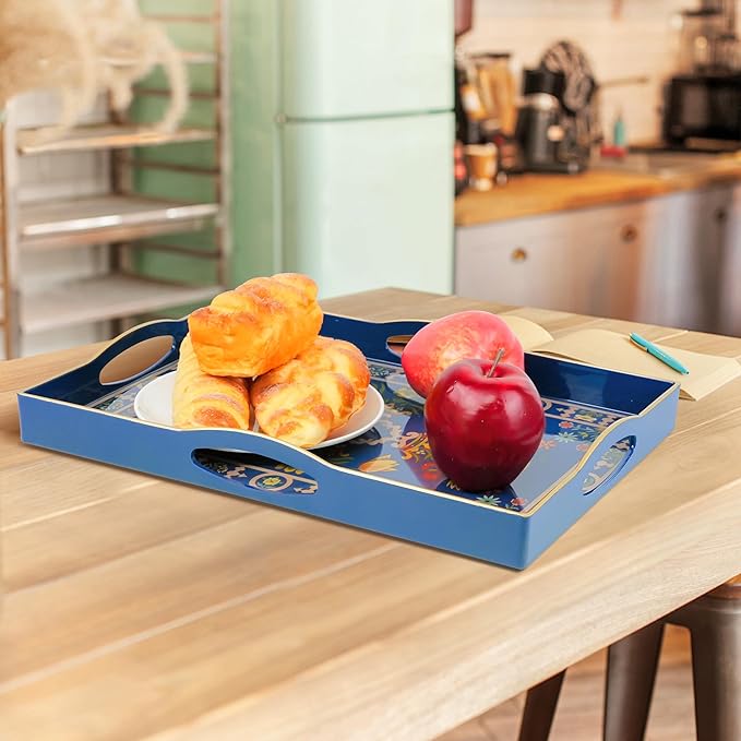 Gifturbo Blue Decorative Tray with Four Handles, Versatile Serving Tray for Coffee Table, Ottoman, Ideal for Serving, Displaying, Organizing,Home Decor