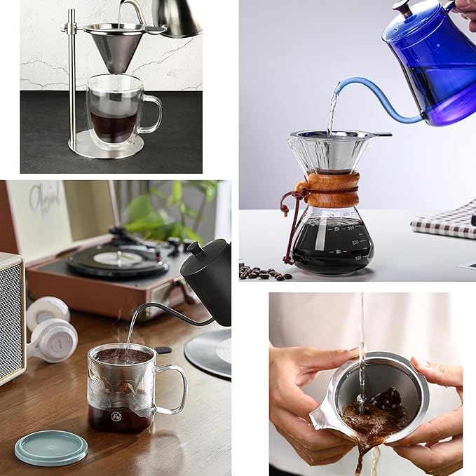 Double Mesh Pour Over Coffee Filter Set - 300+600 Mesh Reusable Stainless Steel Coffee Filter with Detachable Handle, Easy Clean, 2-in-1 for Drip/Cold Brew/Espresso,Fits Most V60/Chemex Brewers