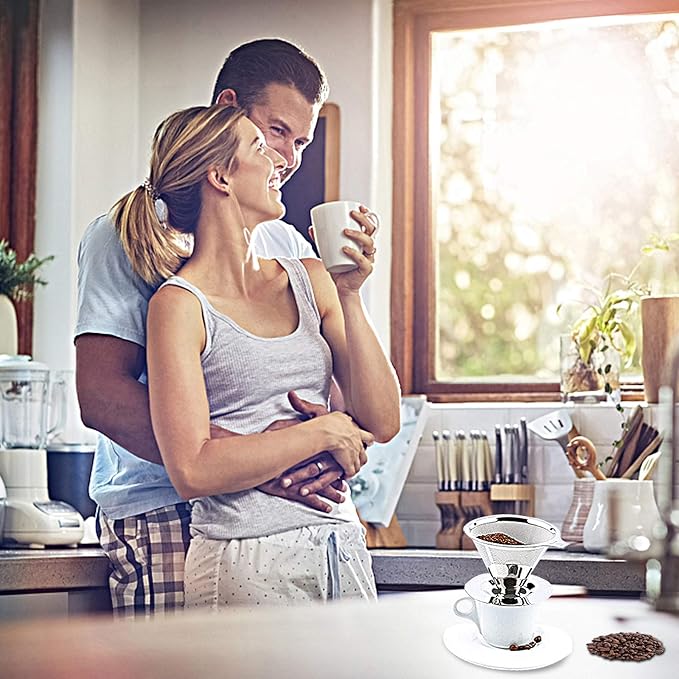 Pour Over Coffee Dripper, Paperless Reusable Coffee Filter, Pour Over Coffee Maker for Single Cup Brew, Double Mesh Design of Stainless Steel Cone Filter for Perfect Extraction (1-4 Cup)