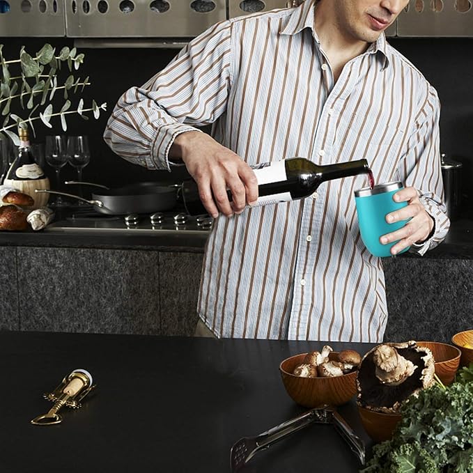 MEWAY 12oz/4 Pack Wine Tumbler Glasses with Lid - Stemless Double Wall Vacuum Stainless Steel Travel Tumbler - Keeping Cold & Hot for Wine,Coffee,Cocktails(Turquoise,Set of 4)