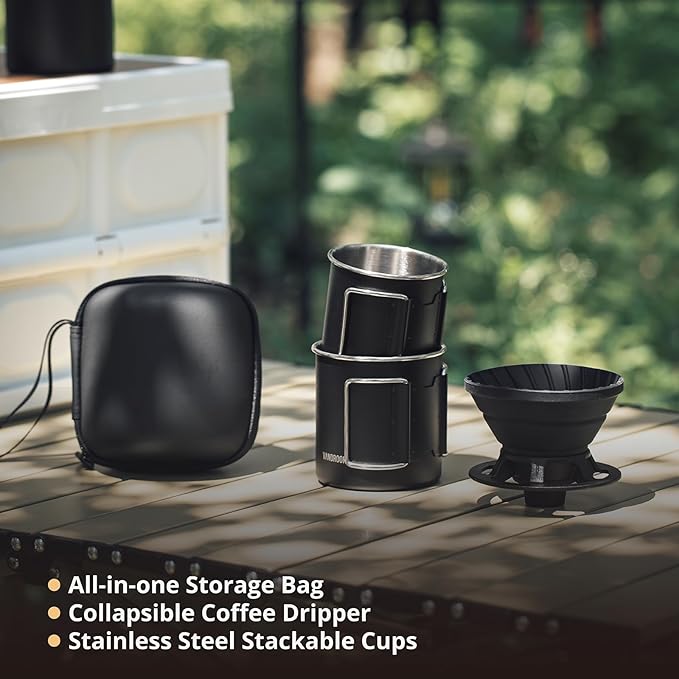 Portable Pour Over Coffee Maker Set, Collapsible Silicone Coffee Dripper Set, Perfect for Travel, Camping, Home (BLACK CUP 2CUP)