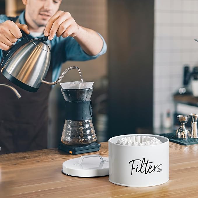 DRASTAR Coffee Filter Holder, Filter Storage with Lid for Counter, Storage Basket Container for Coffee Bar Accessories Decor, White