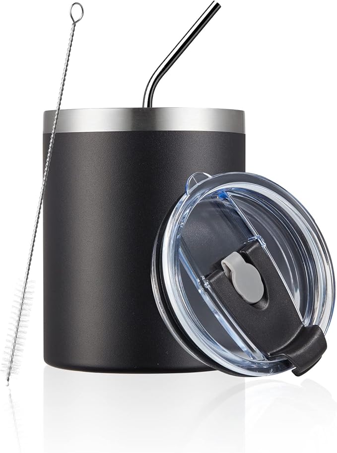 MEWAY 12 oz Lowball, Tumbler Stainless Steel Double Wall Vacuum Insulated Mug with Straw and Lid, Cleaning Brush ,Durable Powder Coated Insulated Coffee Cup for Cold & Hot Drinks (Black, 12 pack)