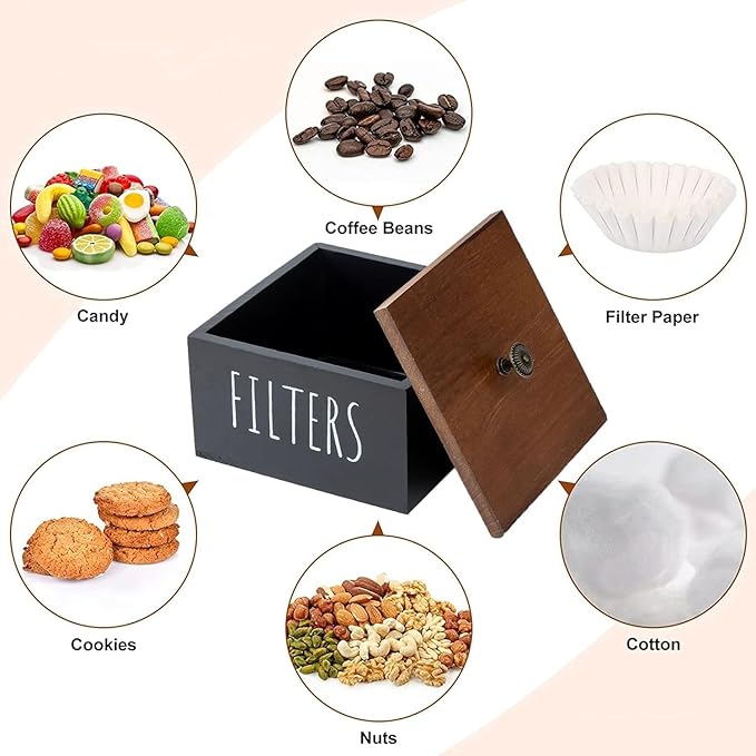 Coffee Filter Holder, Wooden Coffee Filter Container Coffee Filter Storage with Lid, Rustic Coffee Filter Dispenser Basket for Coffee Bar Decor, Farmhouse Coffee Bar Accessories (Black)