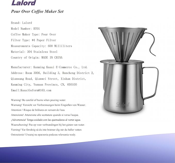 Pour Over Coffee Maker, 304 Stainless Steel wIth 100 pcs Size 02 Cone Paper Filters & 600ml Milk Frothing Pitcher, for Home & Camping