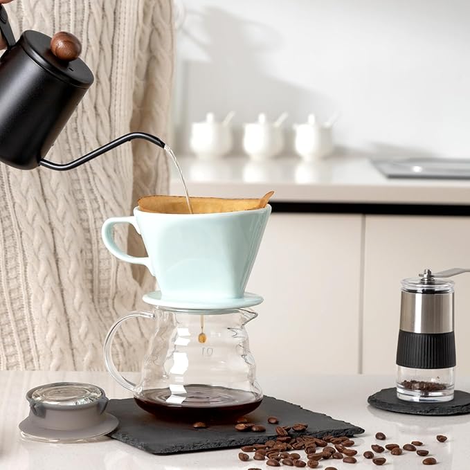Pour Over Ceramic - Coffee Dripper Ceramic Coffee Maker with 3 Holes Flat Bottom, Porcelain Slow Filter Cone for Travel, Camping, Office, Home, Coffee Maker Brewโฆ