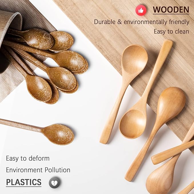 7 PCS Wooden Spoons for Eating, 7 inch Wooden Honey Spoons for Tea, Wood Teaspoons for Stirring Coffee, Schima Wood Table Spoon for Cooking, Small Serving Spoon for Soup, Desserts & Cereal