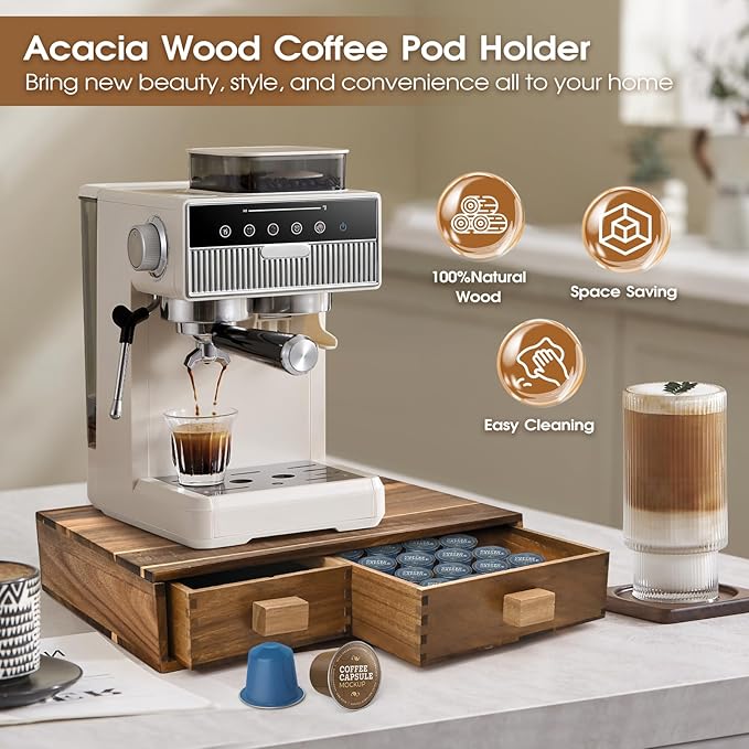 Acacia Wood K Cup Holder,Coffee Pods and Tea Bag Storage Organizer,with Two Drawers Kcup Holders for Counter,Multi-Functional Coffee Maker Stand