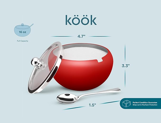 KooK Stainless Steel Sugar Bowl with Lid and Spoon, Serving Dish, Clear Glass Lid, Storage for Salt, Candy, Coffee, Holds 2 Cups, Dishwasher Safe, 16 oz Matte Rose