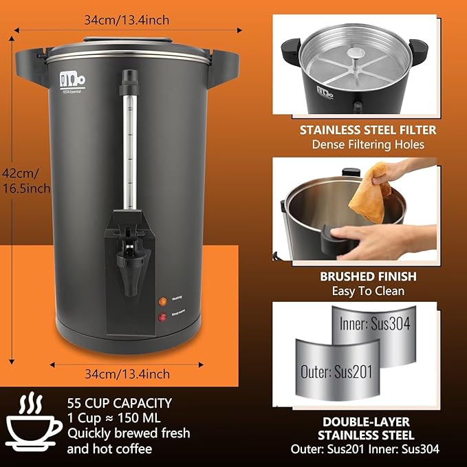 30-Cup 6L Commercial Coffee Urn, Festa Essential 750W Double Wall Large Percolate Coffee Maker Stainless Steel Hot Water Urn Dispenser with Double Dripless Faucet, Quick-Brewing for Catering, Black